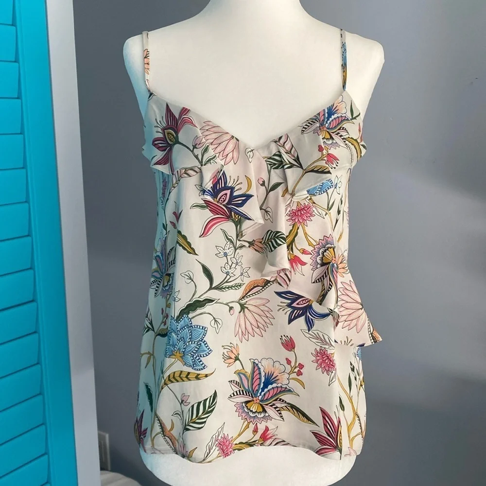 Tucker Womens Cami Tank Top Ruffle Trim Sleeveless V-Neck Floral Ivory Size XS - Picture 1 of 3